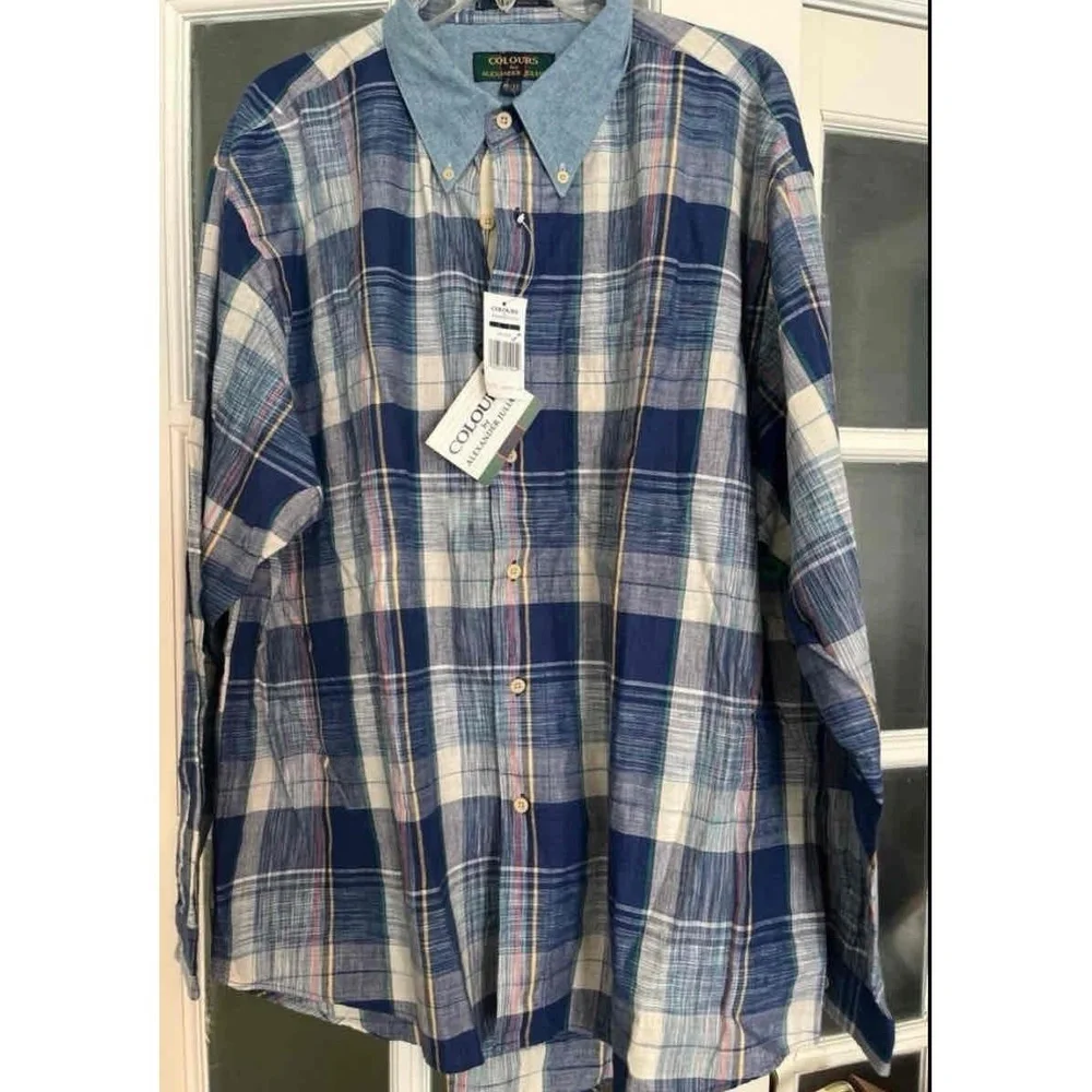 NWT Alexander Julian Mens Blue Plaid Button-Down Shirt Long Sleeve Vintage - Picture 2 of 8